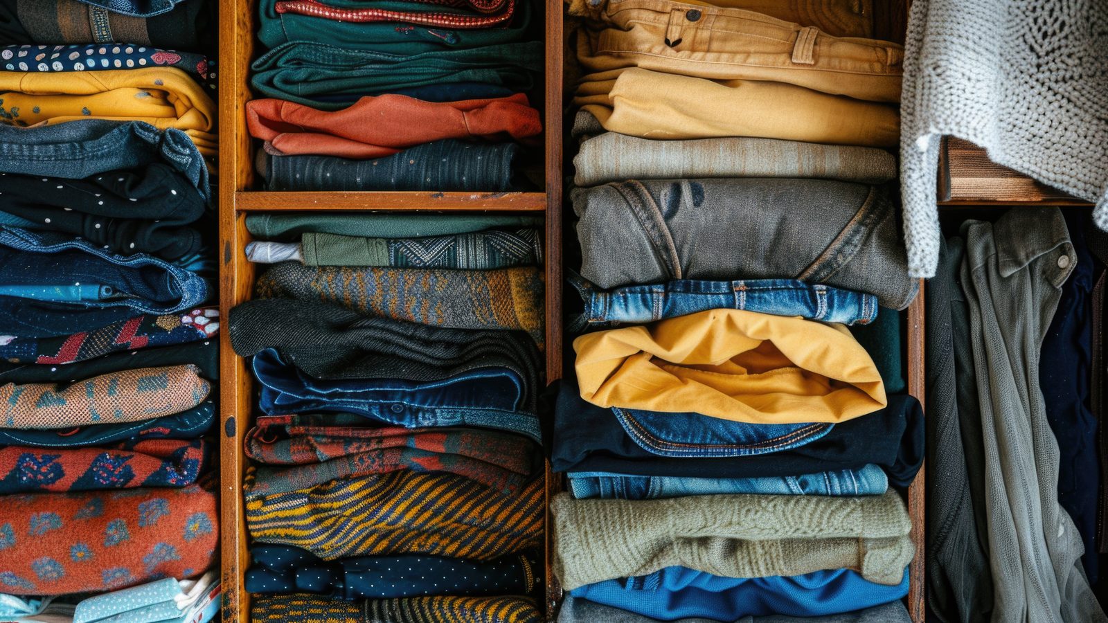 Organized wardrobe drawer with neatly folded clothing and jeans