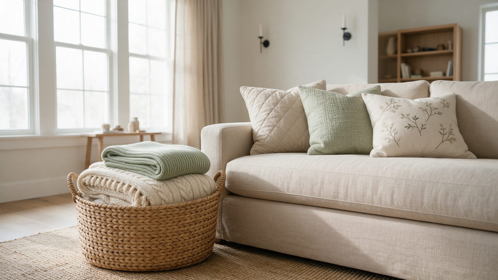 Panier en osier avec plaids pliés à côté d'un canapé et coussins bien rangés