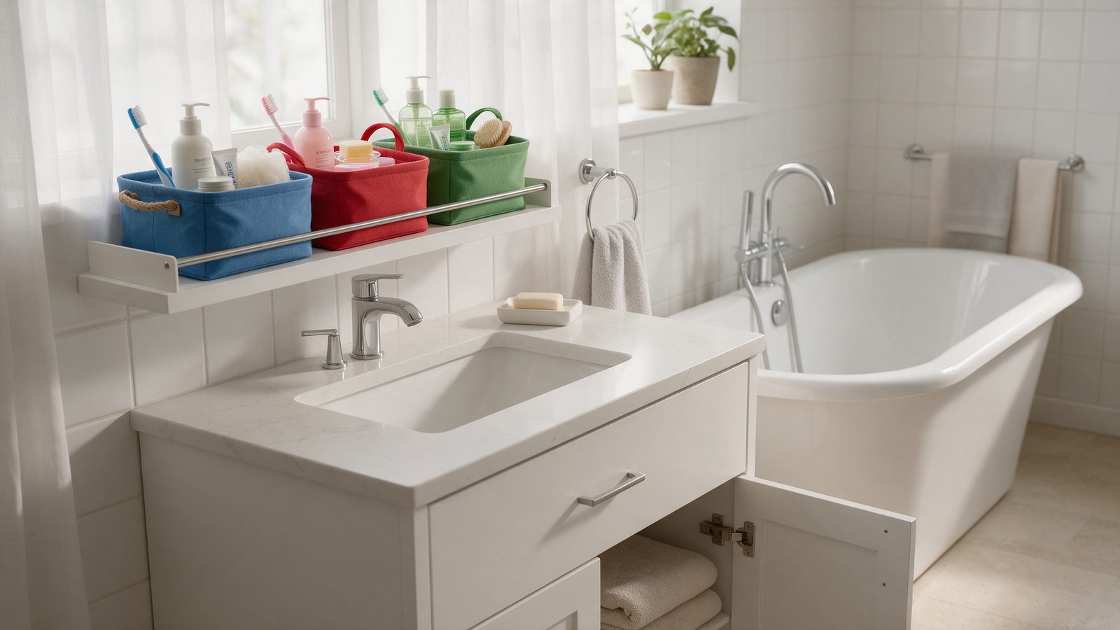 Étagère de salle de bain avec trois paniers de couleurs différentes, un par membre de la famille
