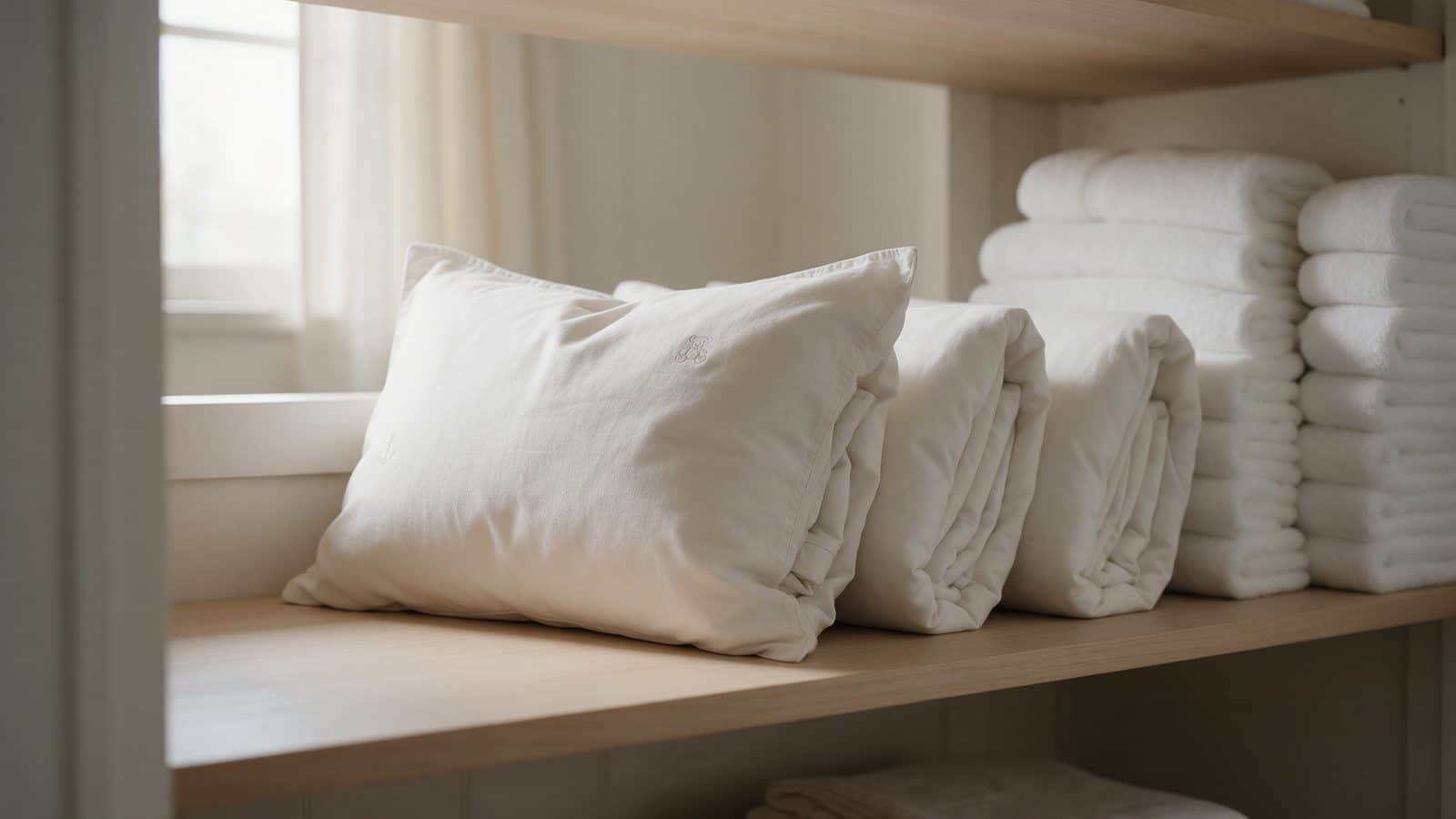 Parure de draps pliée et glissée dans sa taie d'oreiller, rangée sur une étagère de linge de maison