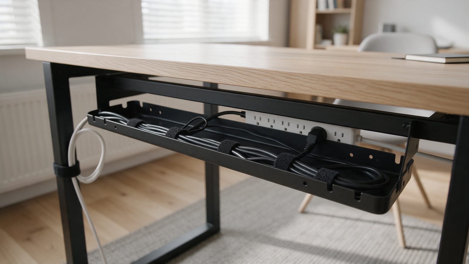 Passe-câble noir fixé sous le plateau du bureau avec câbles regroupés par des colliers velcro