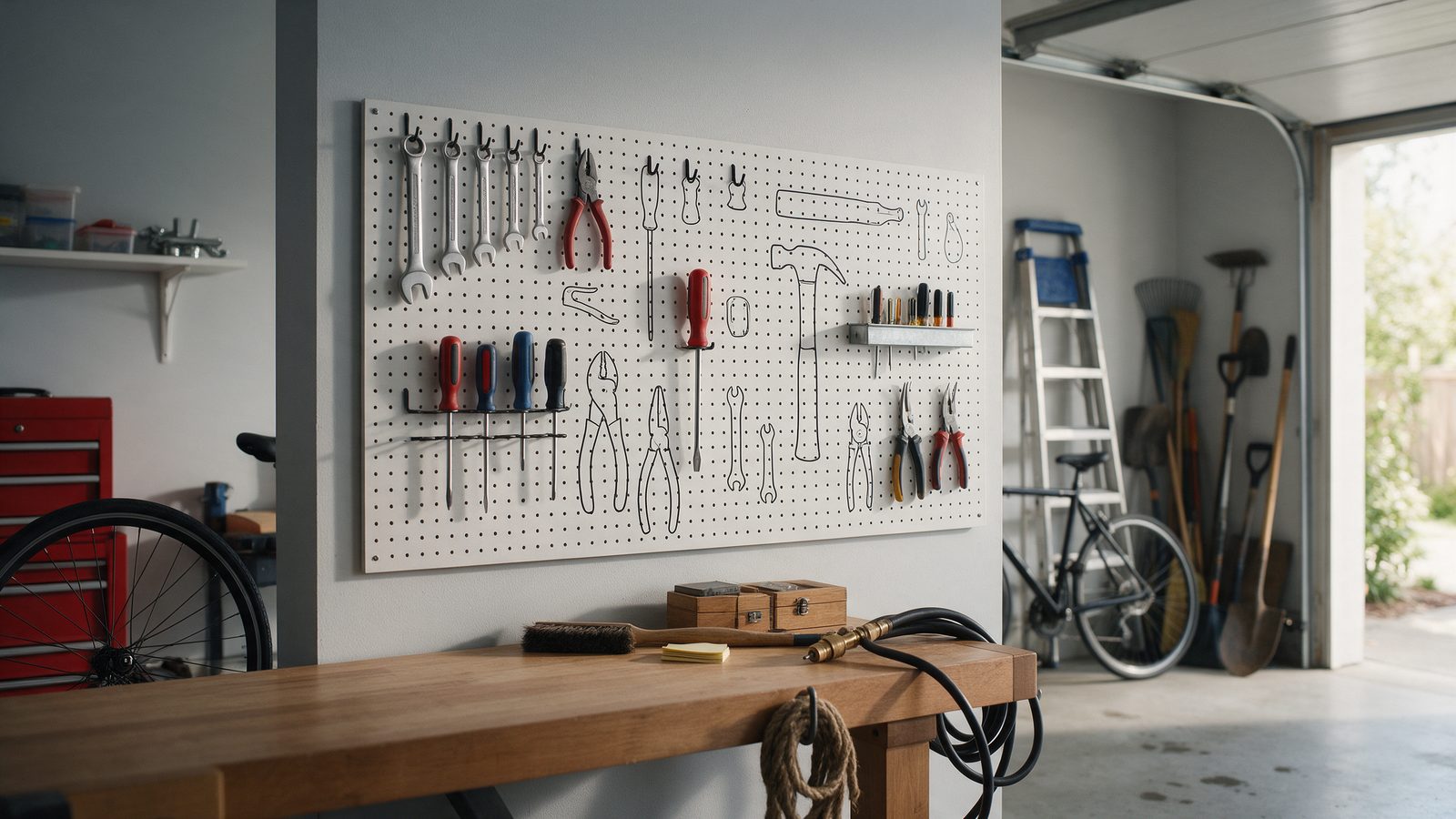 Panneau perforé de garage avec outils suspendus et silhouettes tracées au marqueur