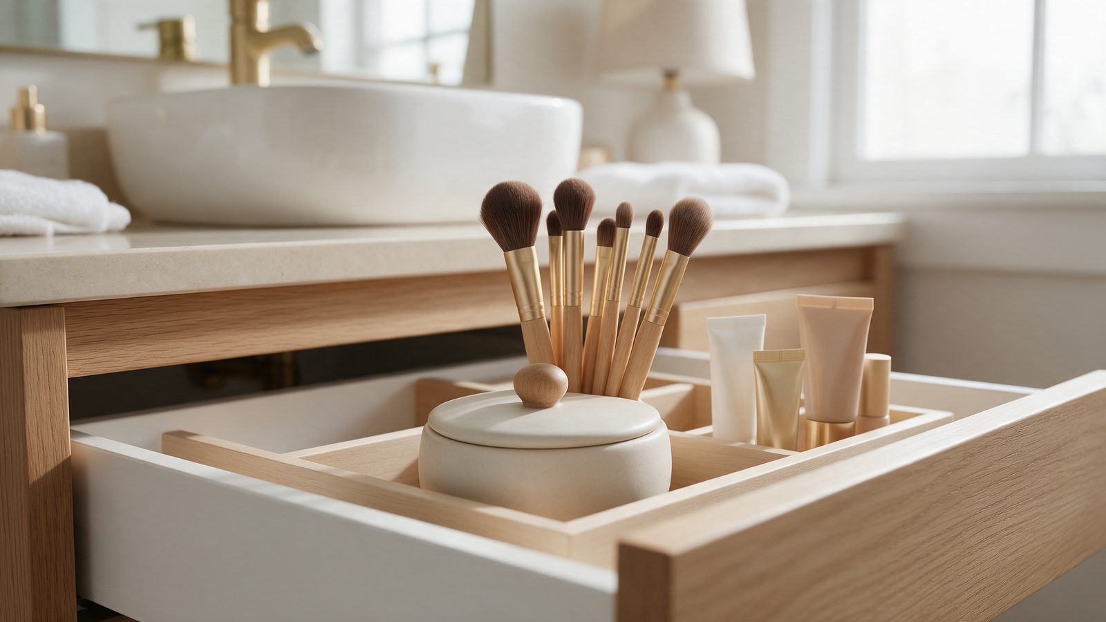 Pinceaux de maquillage ranges debout, poils vers le haut, dans un pot avec couvercle pose dans un tiroir de salle de bain bien organise