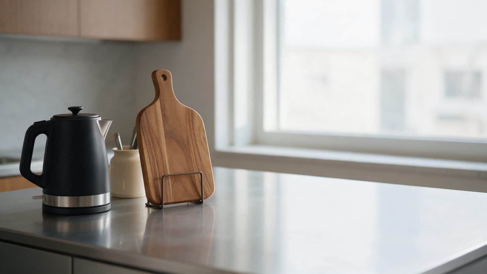 Plan de travail de cuisine dégagé avec seulement trois objets essentiels : bouilloire, pot à ustensiles et planche à découper
