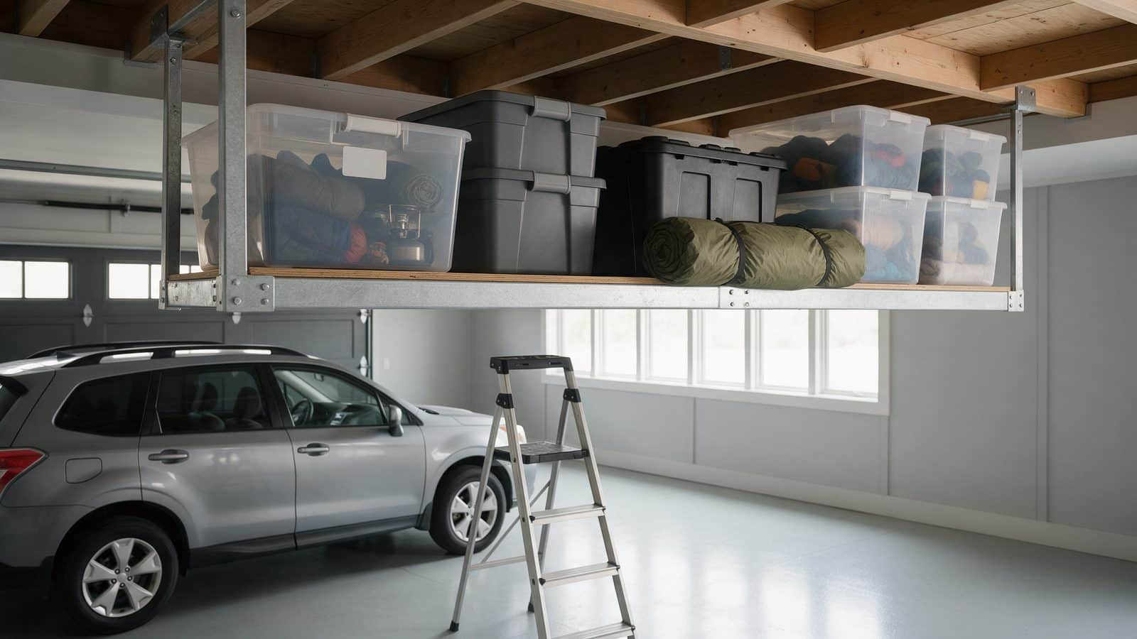 Plateforme de rangement suspendue au plafond du garage avec bacs de rangement et tente enroulée, fixée par des supports métalliques dans les solives, escabeau positionné en dessous