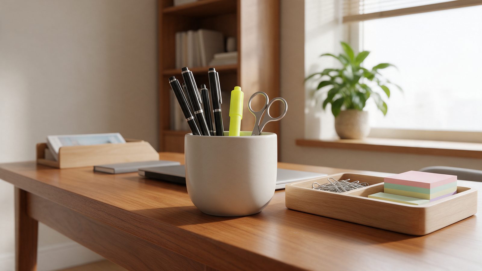 Pot à crayons trié sur un bureau avec quelques stylos, un surligneur et des ciseaux, à côté d'un bac de rangement avec trombones et blocs de post-it