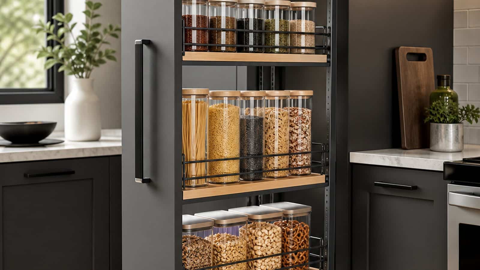 Dark kitchen pullout pantry shelf with glass jars of pasta, grains, and spices neatly arranged