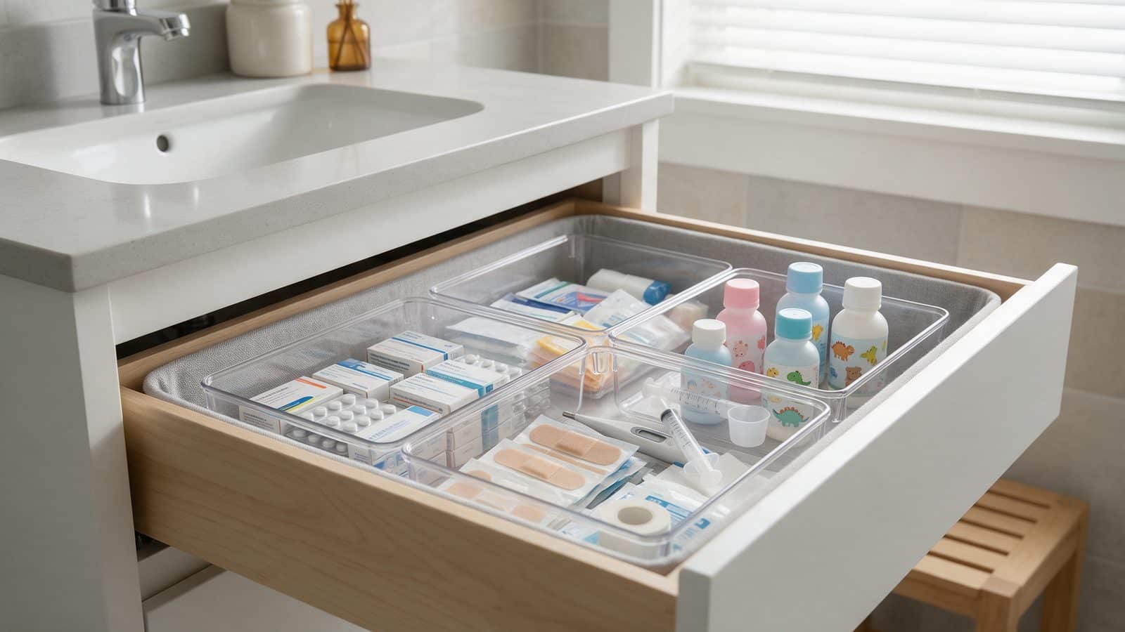 Tiroir d'armoire à pharmacie rangé en bacs séparés par catégorie : traitements quotidiens, premiers secours et médicaments enfants