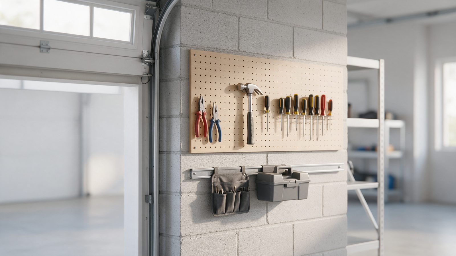 Panneau perforé et rail à outils muraux dans un garage, avec marteau, pinces et tournevis suspendus