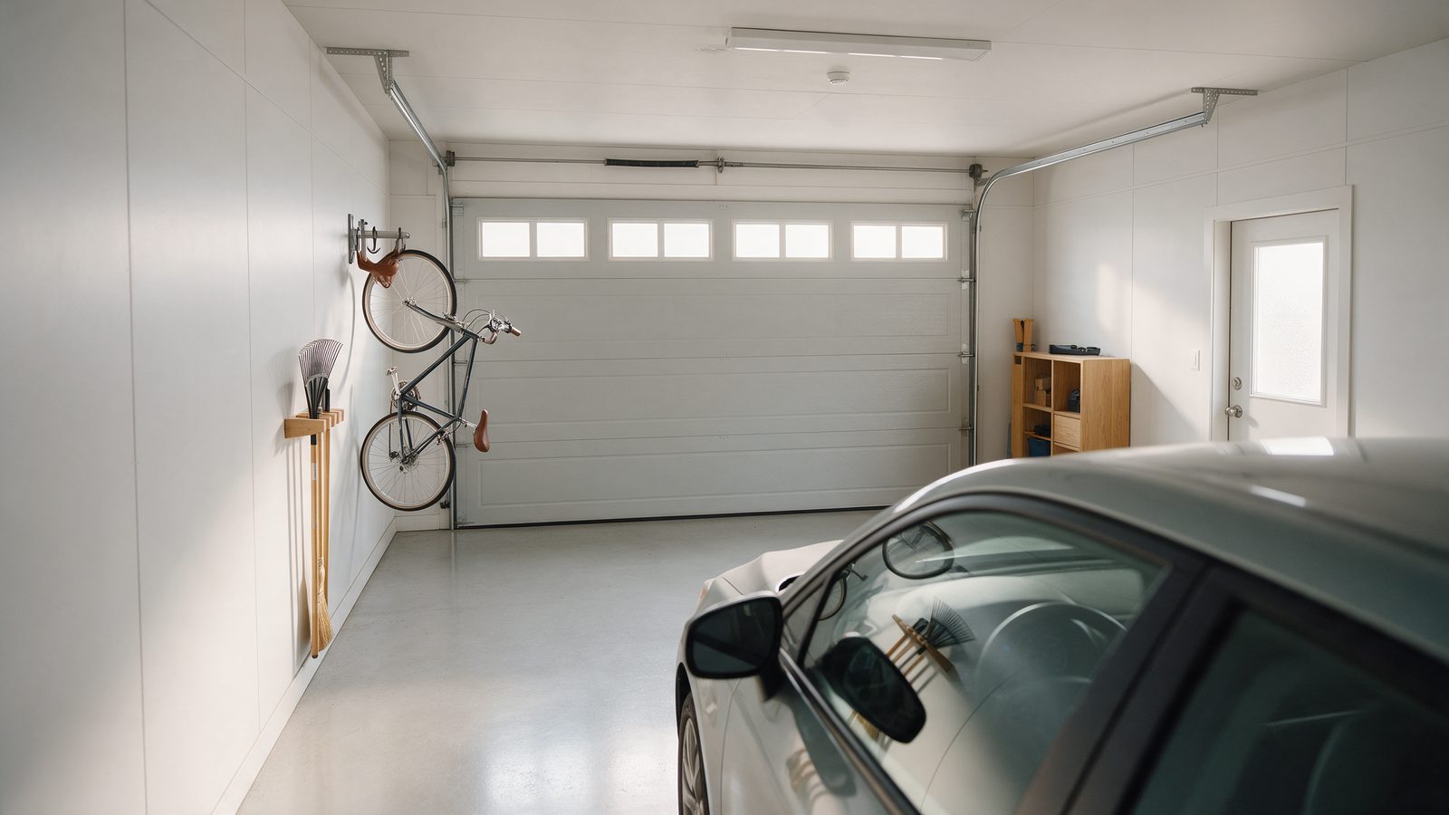 Vélo suspendu à un support mural et outils de jardin rangés au mur dans un garage bien organisé, avec espace au sol dégagé pour la voiture