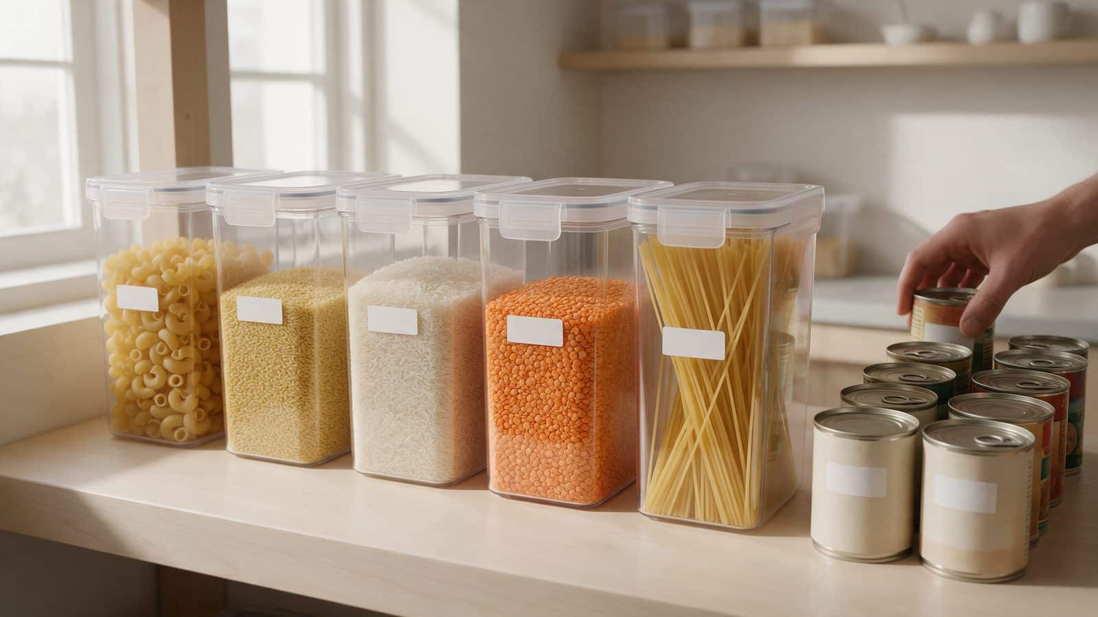 Boîtes hermétiques transparentes et conserves rangées en rotation dans un garde-manger organisé