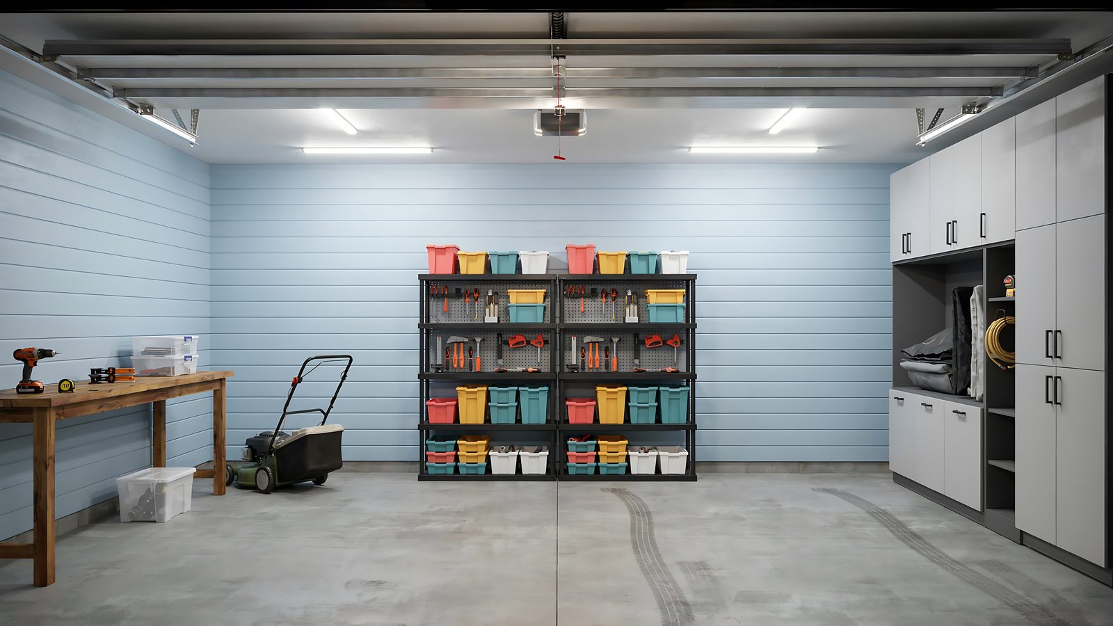 Small one-car garage with overhead ceiling storage racks and organized wall shelving above a parked car