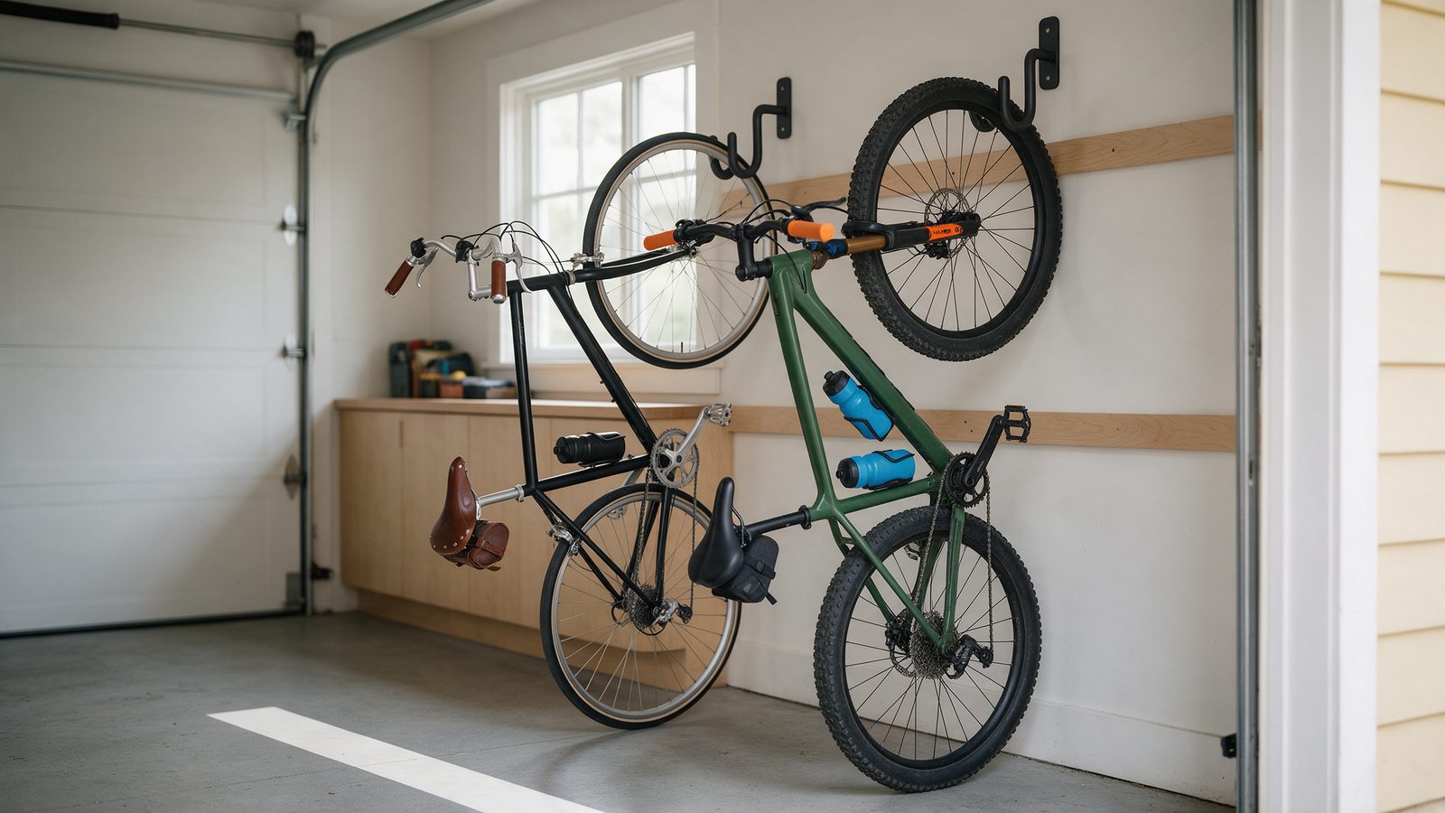 Two bicycles hung by their front wheels on staggered wall hooks so the handlebars clear each other in a garage