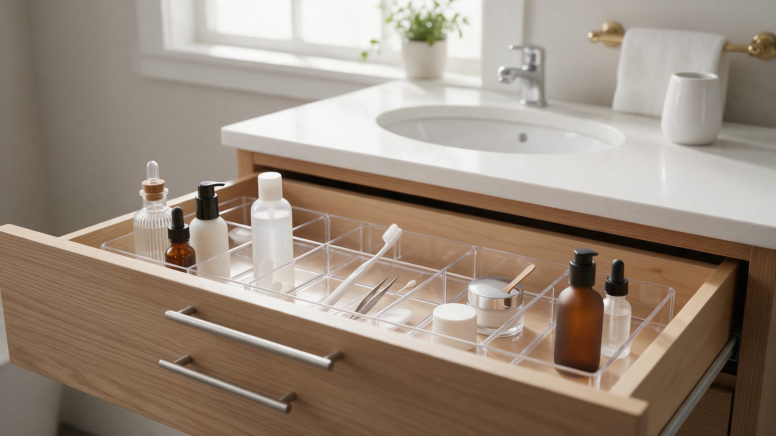 Tiroir de salle de bain rangé avec des compartiments modulables en acrylique transparent