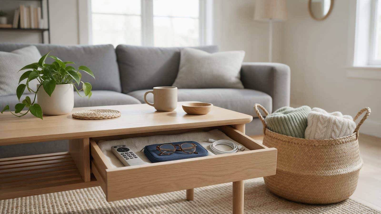 Tiroir de table basse ouvert avec télécommande et panier tressé de plaids pliés dans un salon rangé