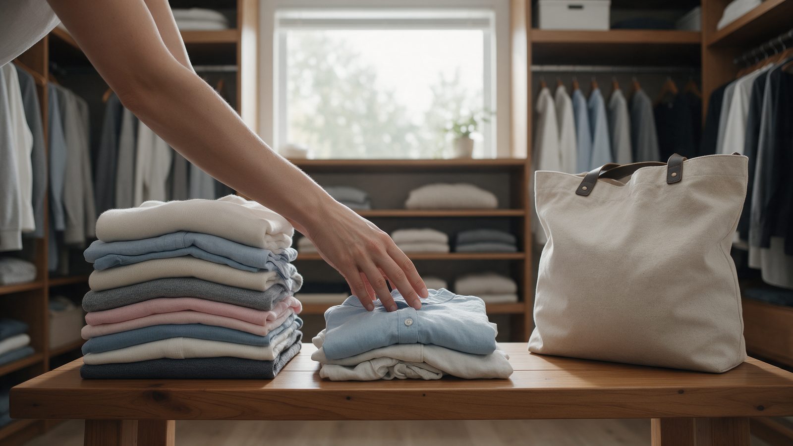 Tri de vêtements pliés par état sur une étagère de dressing avant de les donner