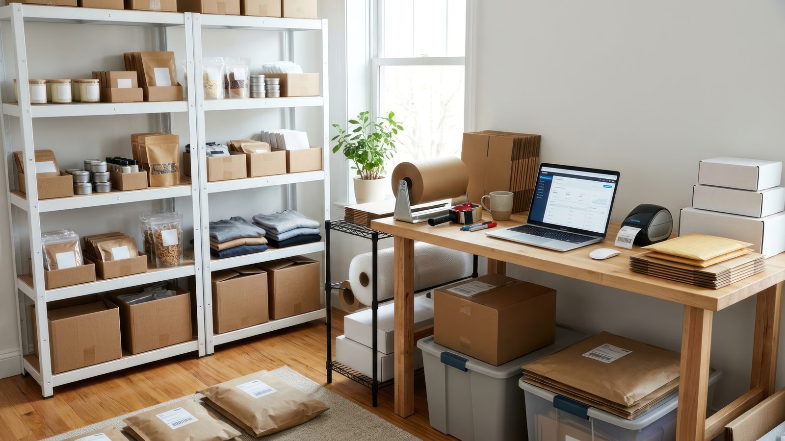 Organized shelving unit near a home office desk with neatly arranged storage bins and supplies