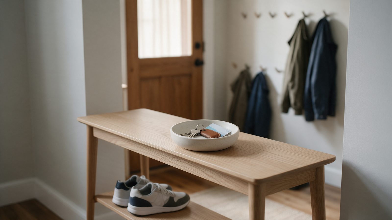 Vide-poche à clés posé sur une console d'entrée, près de chaussures rangées sur une étagère ouverte