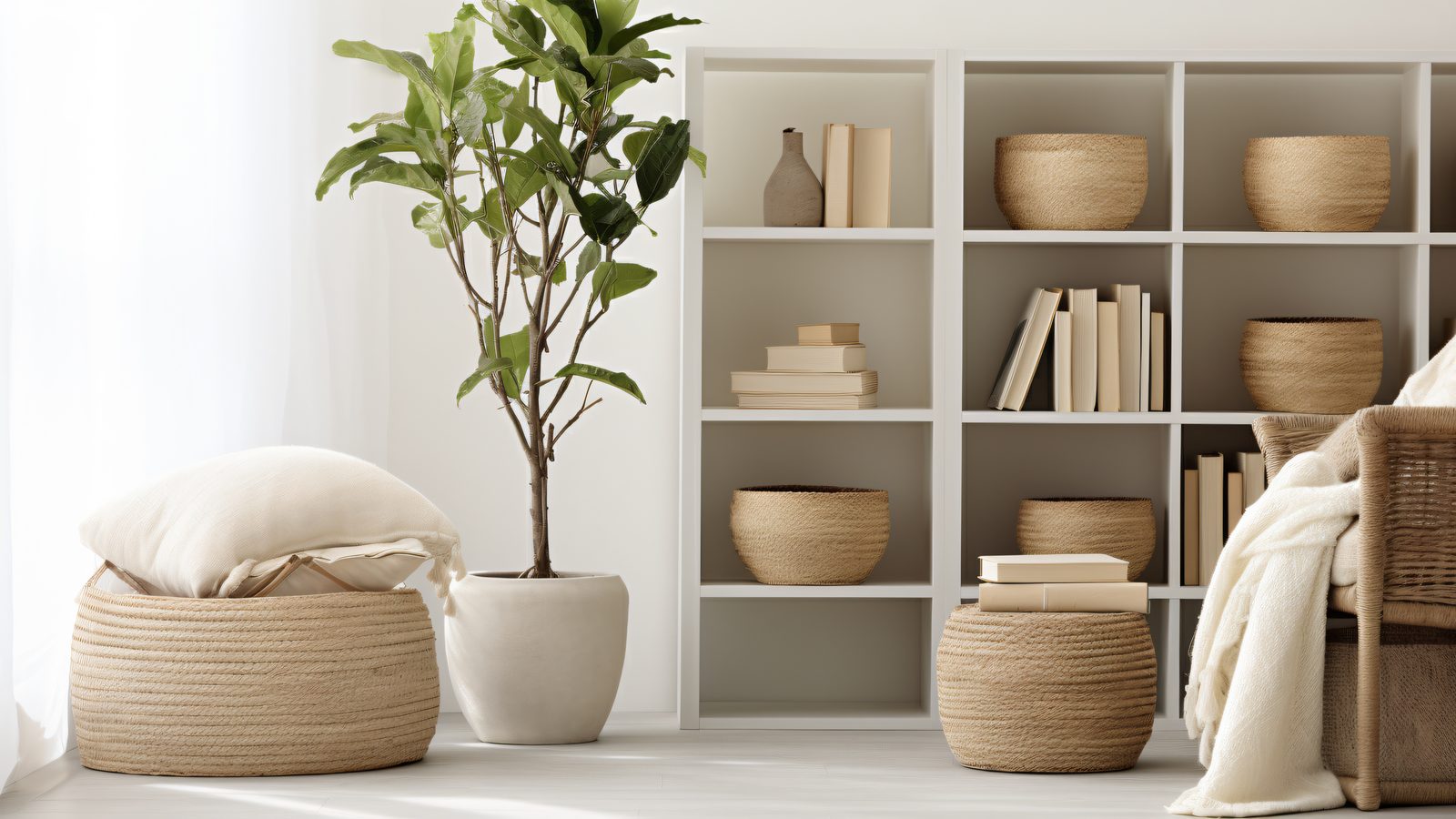 White shelving unit with woven seagrass baskets for organized living room storage