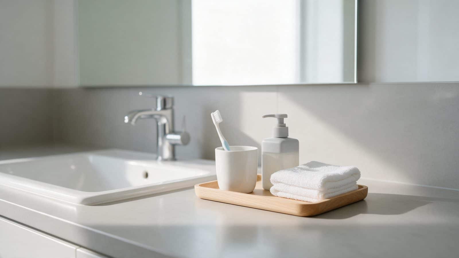 Bathroom counter tray holding a toothbrush cup, hand soap pump, and folded washcloth on an otherwise clear countertop
