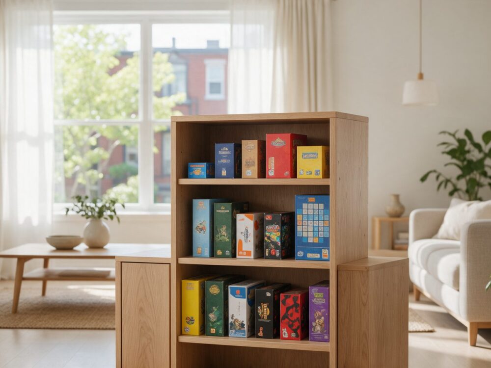 Boîtes de jeux de société rangées debout comme des livres sur une étagère de salon
