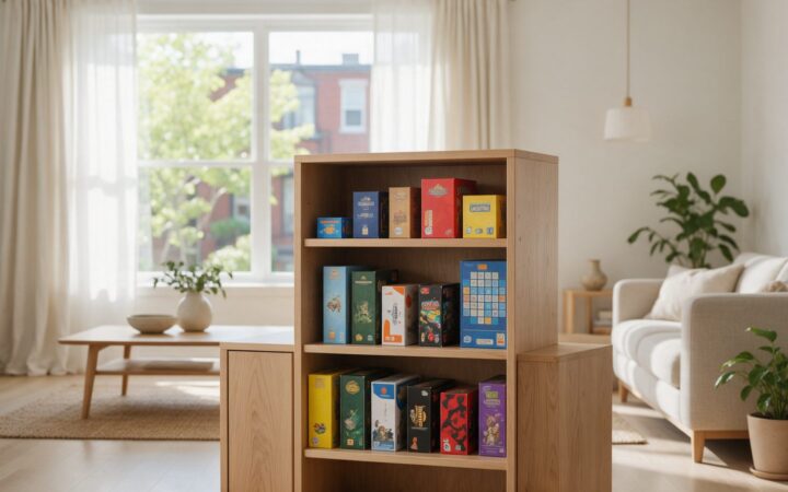 Boîtes de jeux de société rangées debout comme des livres sur une étagère de salon
