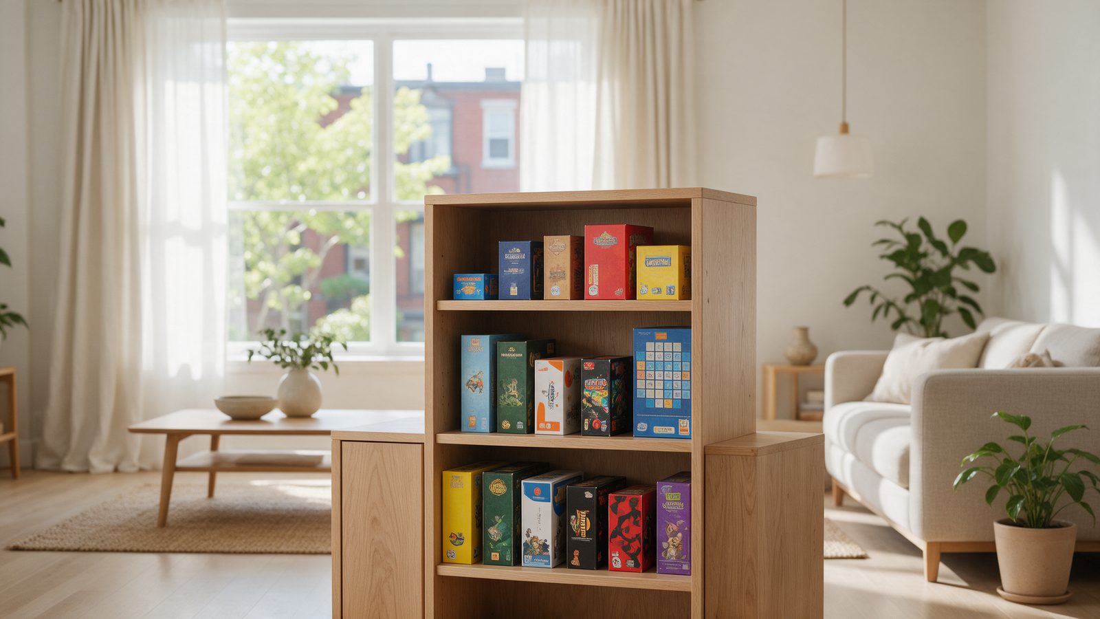 Boîtes de jeux de société rangées debout comme des livres sur une étagère de salon