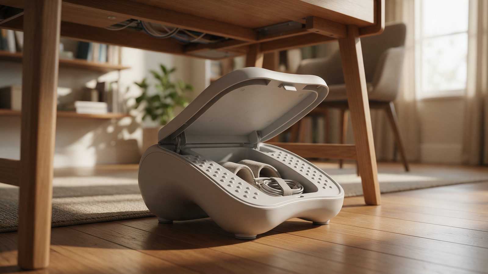 Repose-pieds ouvert révélant un compartiment de rangement avec chaussons et câble, sous un bureau bien organisé