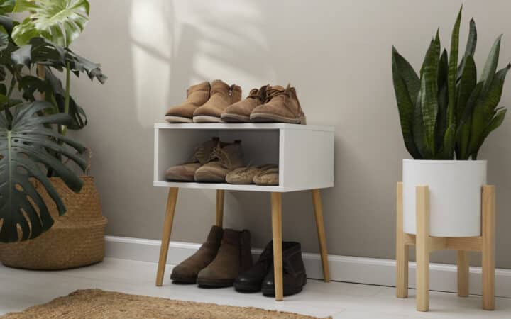 Pairs of shoes neatly stacked on an open slatted rack, the kind of setup that works for a garage entry point