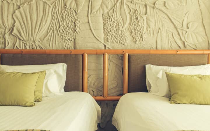 Deux lits simples identiques placés côte à côte dans une chambre partagée, literie blanche et grise assortie